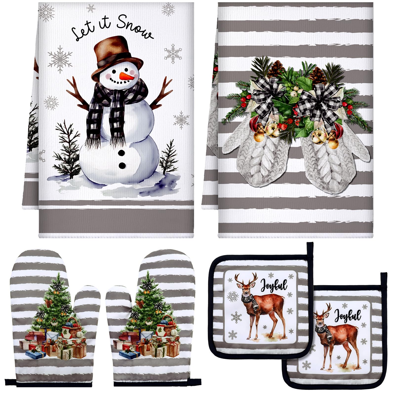 Bencailor 6 Pcs Christmas Kitchen Towel Oven Mitts and Pot Holders Set Xmas Theme Dish Towels Heat Resistant Oven Gloves for Summer Kitchen Cooking Baking Grilling(Colorful Christmas Tree Theme)